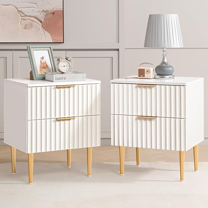White Night Stand Set 2, Wide Fluted Nightstand