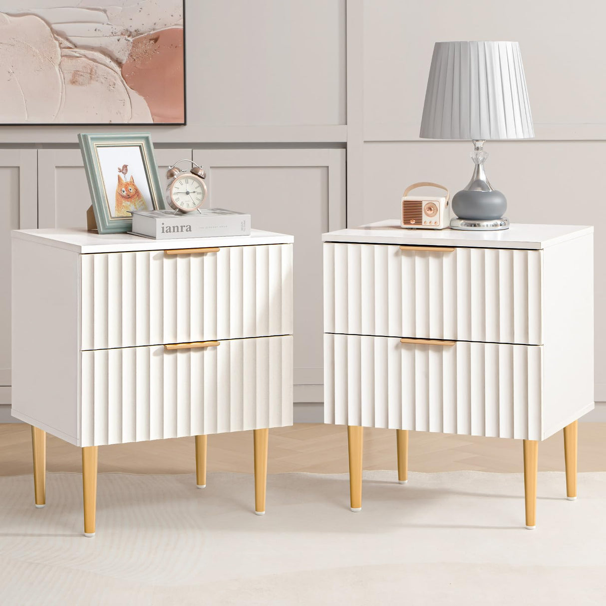 White Night Stand Set 2, Wide Fluted Nightstand