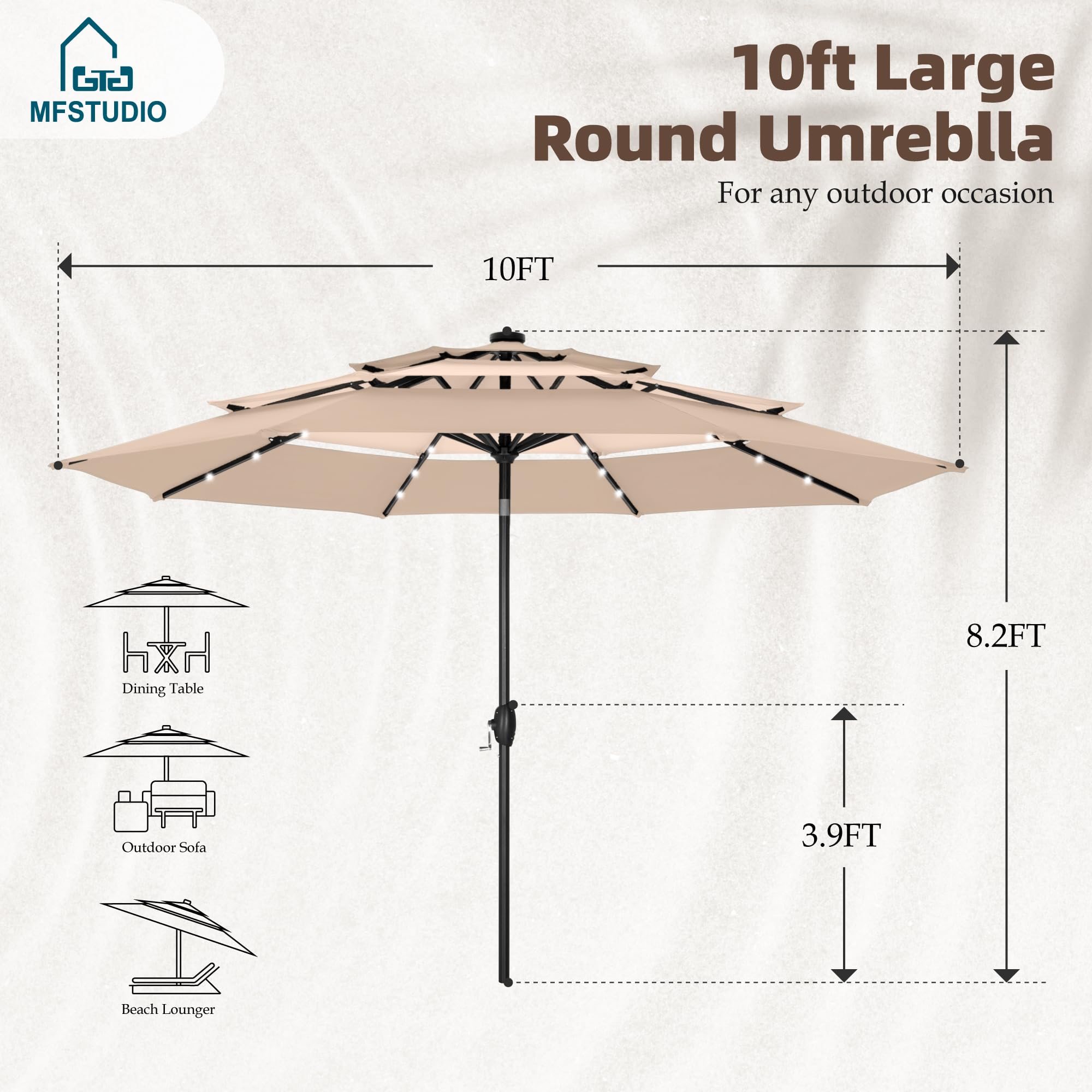 MFSTUDIO 10ft 3 Tier Solar Patio Umbrella, Outdoor Market Umbrellas with 24 LED Lights, Auto-tilt, Sun Shade for for Backyard Deck Garden, Blue & Green