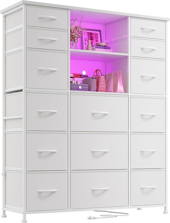 15 Drawer Dresser for Bedroom with Hutch 51" H Tall Dressers with Charging Station & LED