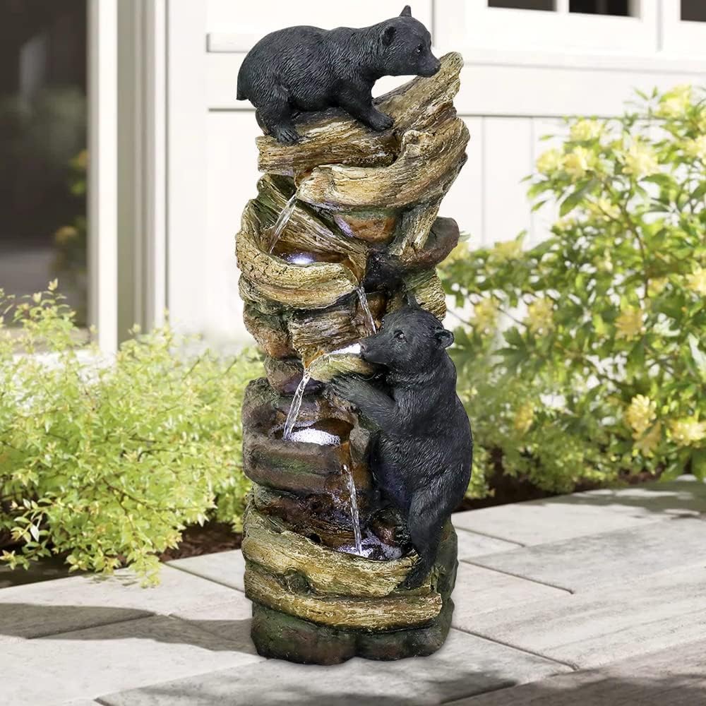 39.3 Inch 5 Tier Outdoor Garden Water Fountain Bears Climbing Tree Resin Fountain