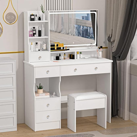 Vanity Desk with Mirror and Lights, Makeup Vanity with Stool, Vanity Mirror with Lights