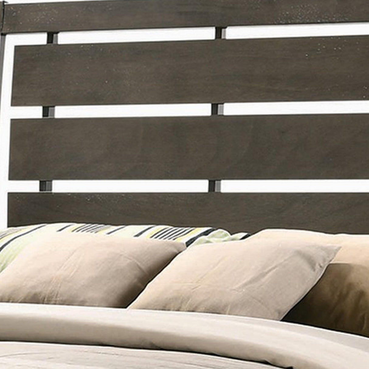 twin Size Bed, Horizontal Slatted Headboard, Low Platform, Gray Finish