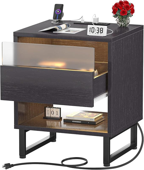 Nightstand with Charging Station and Light, Bed Side Table Night Stands for Bedrooms