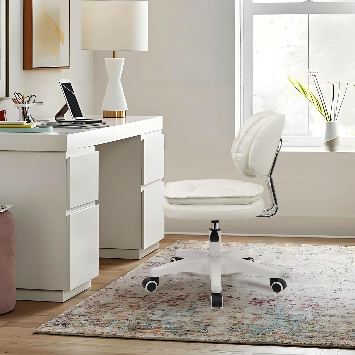 Small Rolling Stool with Backrest - Adjustable Height Vanity Chair