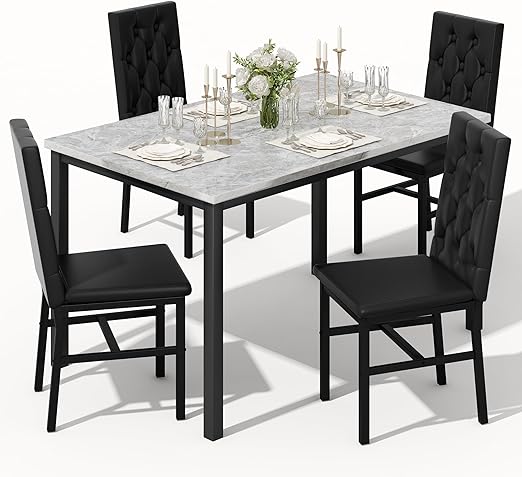 Faux Marble Dining Table Set with 4 Tufted Chairs