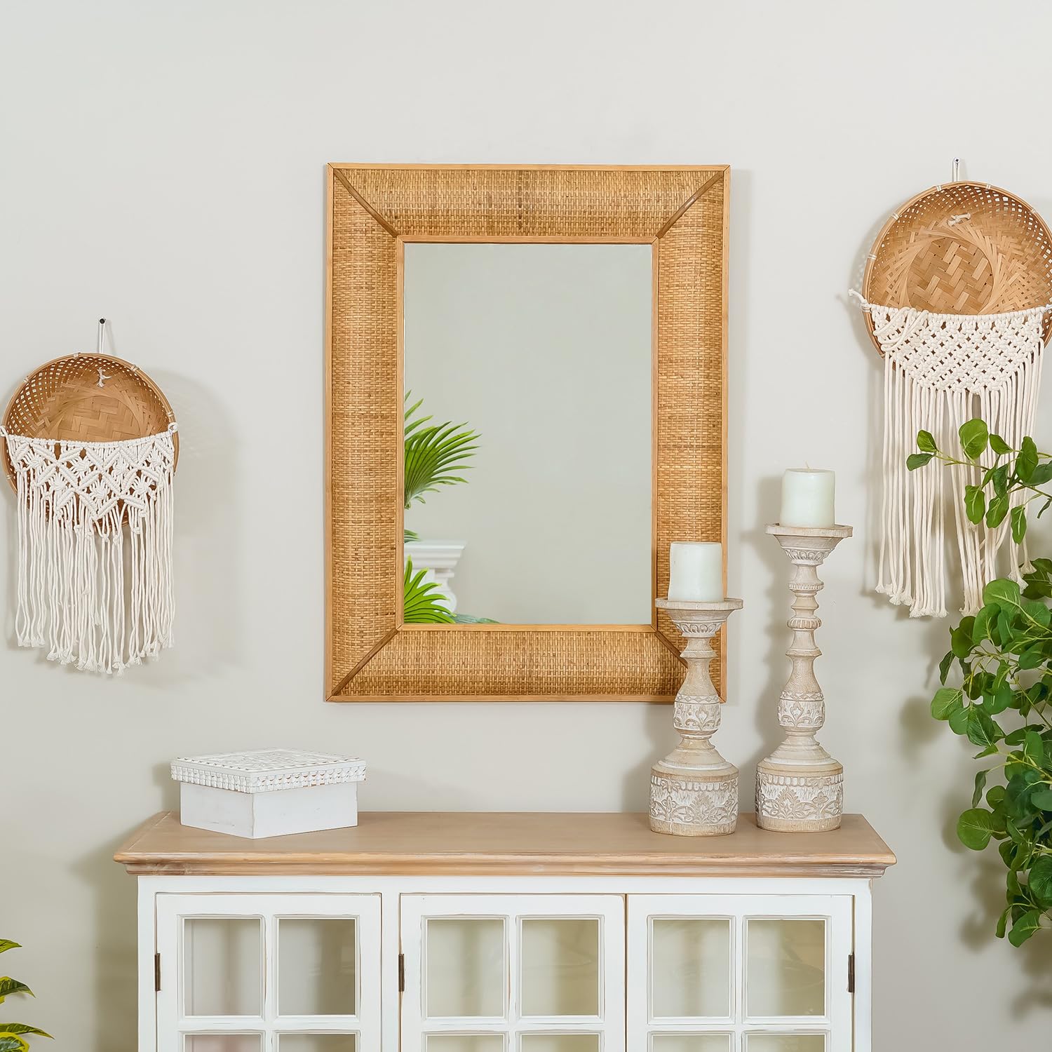 Boho Rattan Wall Mirror Wooden Framed Rectangle Mirror Rattan Decorative Farmhouse