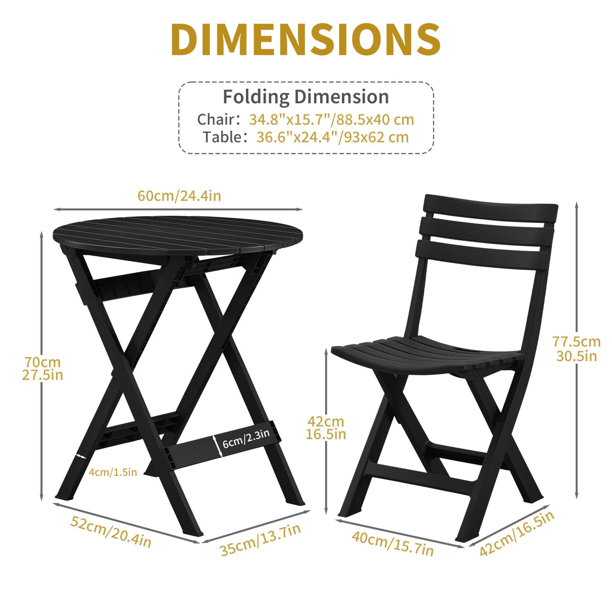 KAIHAOWIN Folding Bistro Set Foldable Outdoor Cafe Table and Chairs for 2 Small Furniture 3-Piece Porch Backyard Balcony Garden Patio