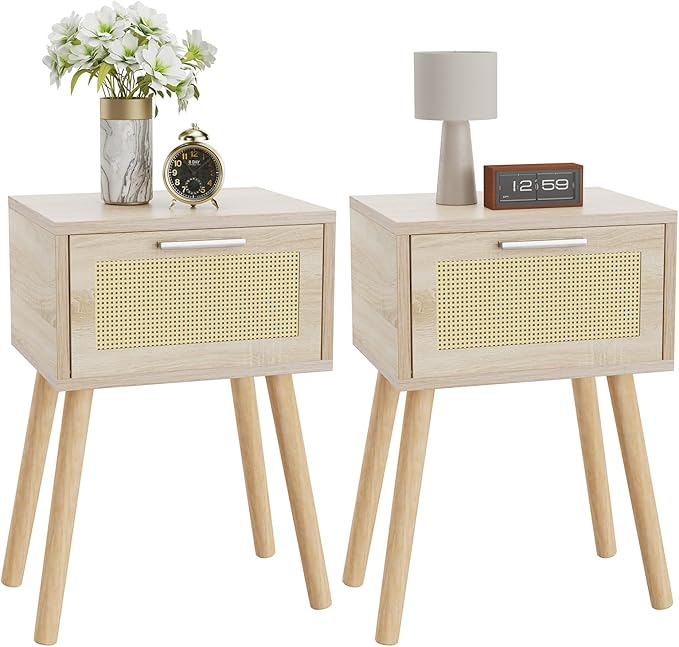 Nightstand, Small Bedside Table, Handmade Rattan Decorated Drawer, Solid Wood Legs