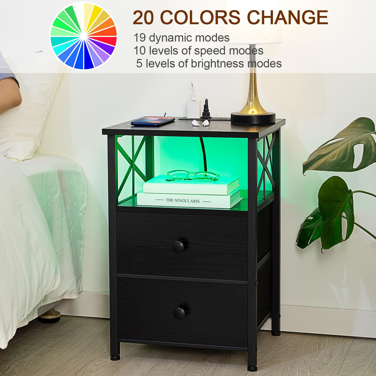 AMHANCIBLE Night Stand Set 2, LED Nightstands for Bedroom Set of 2 with Charging Station, End Table with USB Port and Outlet, Side Table with 2 Storage Drawers for Living Room, Black HET052LBK