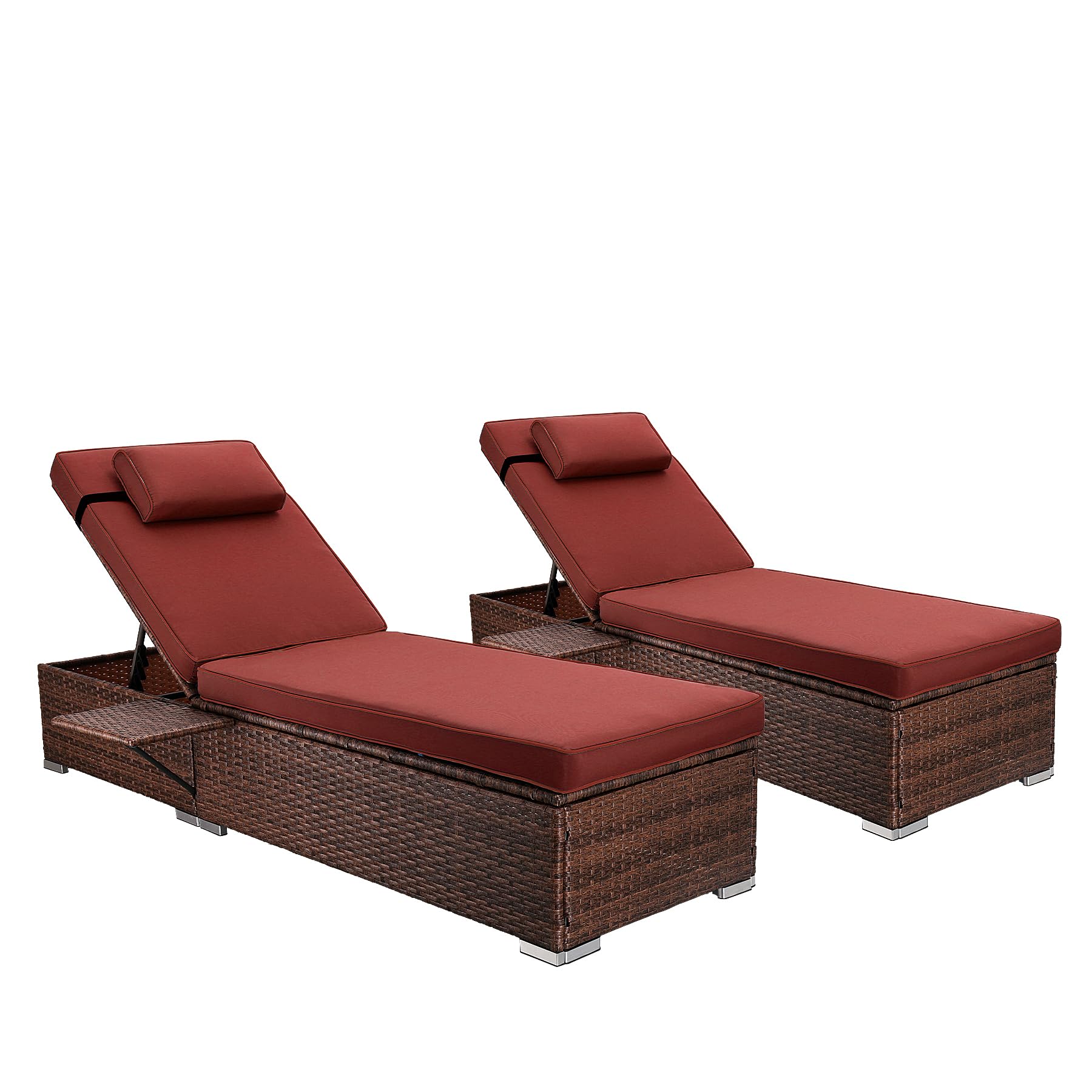 OUYESSIR Lounge Chairs for Outside, Adjustable 5 Position Patio PE Rattan Pool Lounge Chair with Cup Holder, Outdoor Reclining Wicker Chairs Set of 2 for Poolside Deck Beach Yard (Brown-Red)