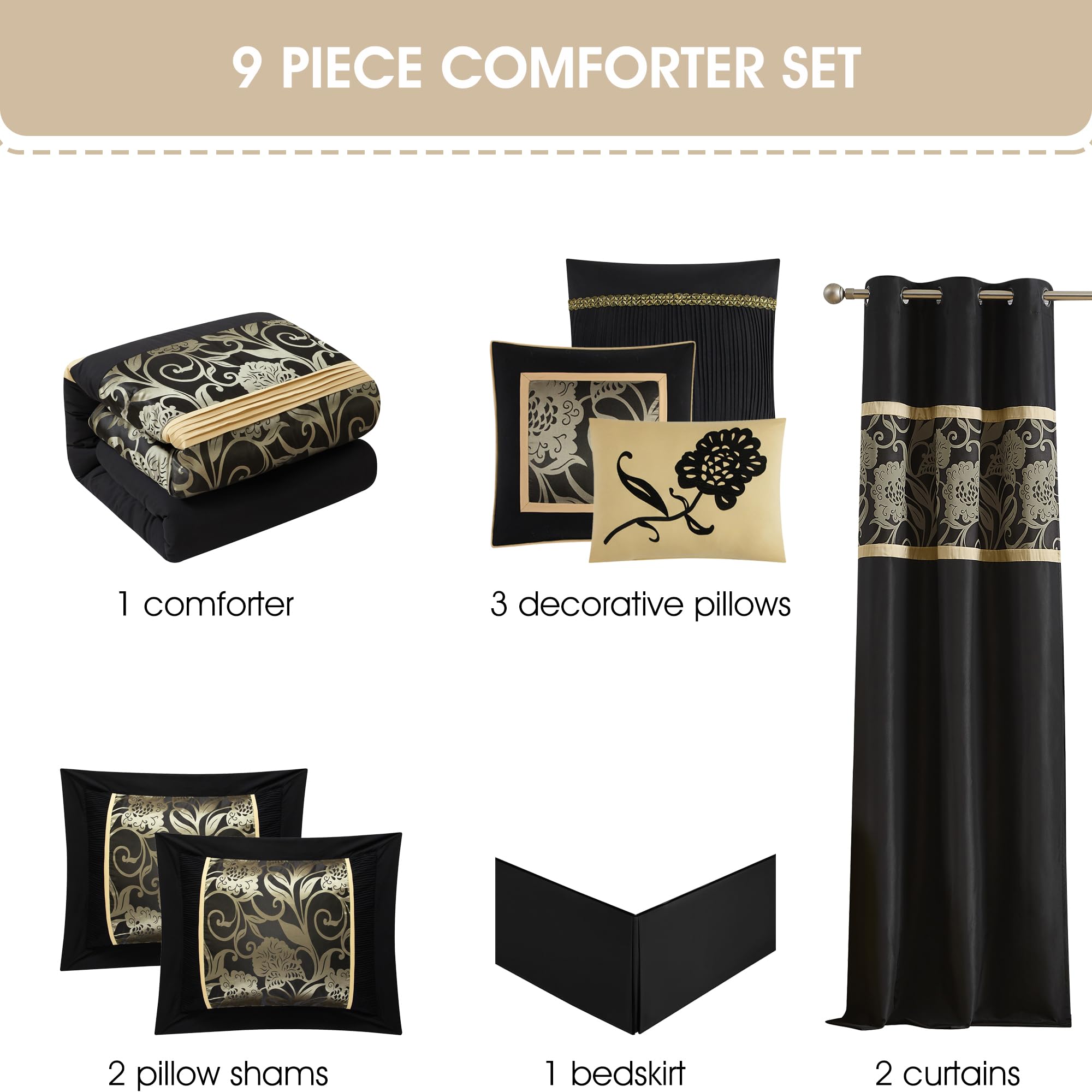 Black and Gold Comforter Set Queen - 9 Piece Jacquard Floral Bedding
