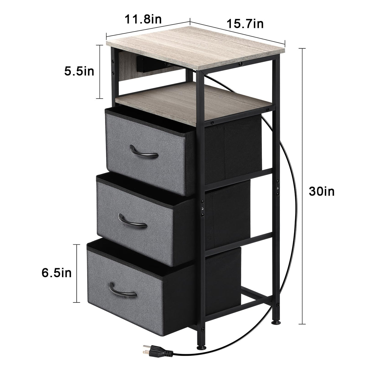 End Table with 3 Drawers and 2-Tier Shelf, Fabric Small Dresser Organizer Vertical