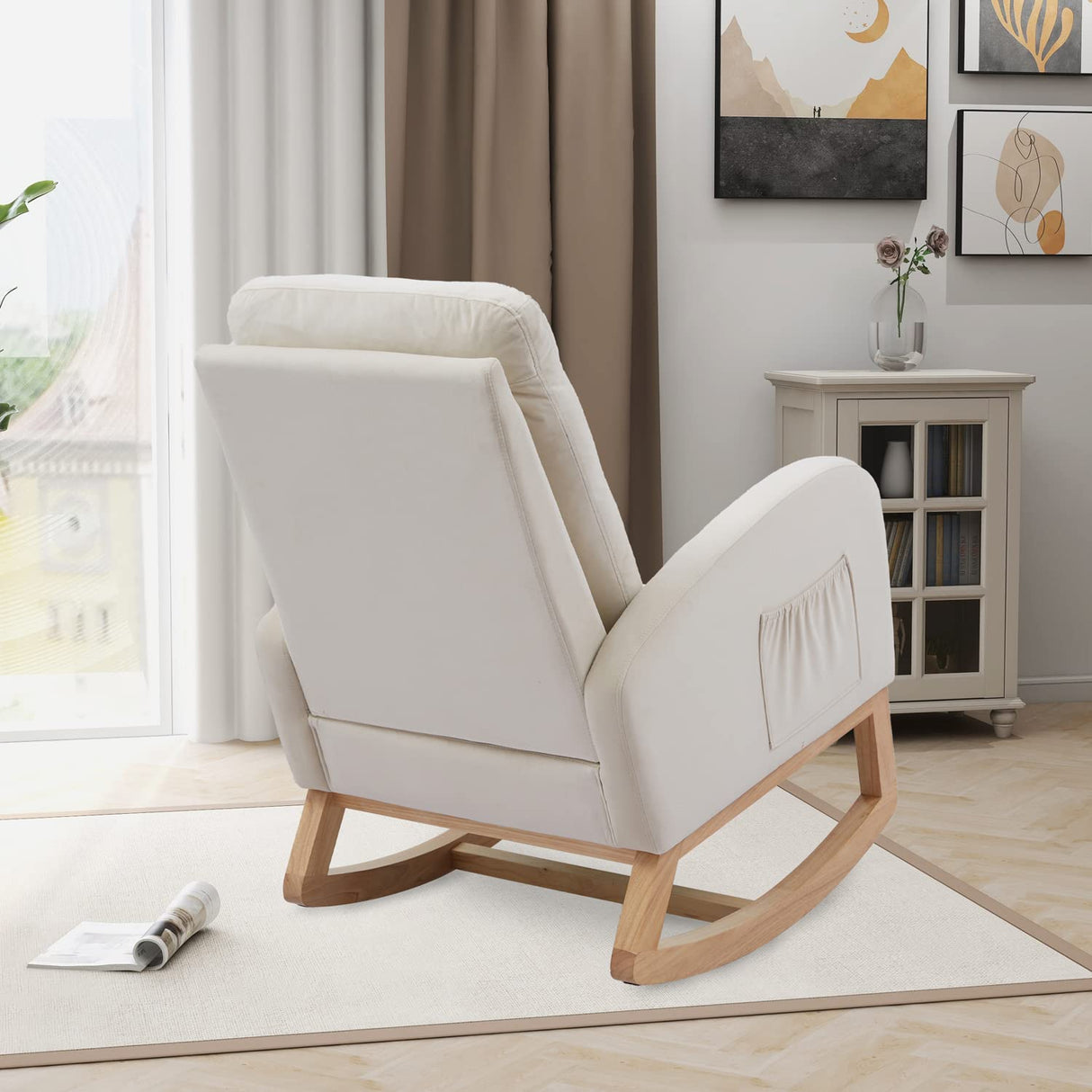 Rocking Chair for Nursery, Midcentury Modern Velvet Accent Rocker Armchair with Side Pocket, Upholstered High Back Wooden Rocking Chair for Living Room Baby Room Bedroom (Beige)