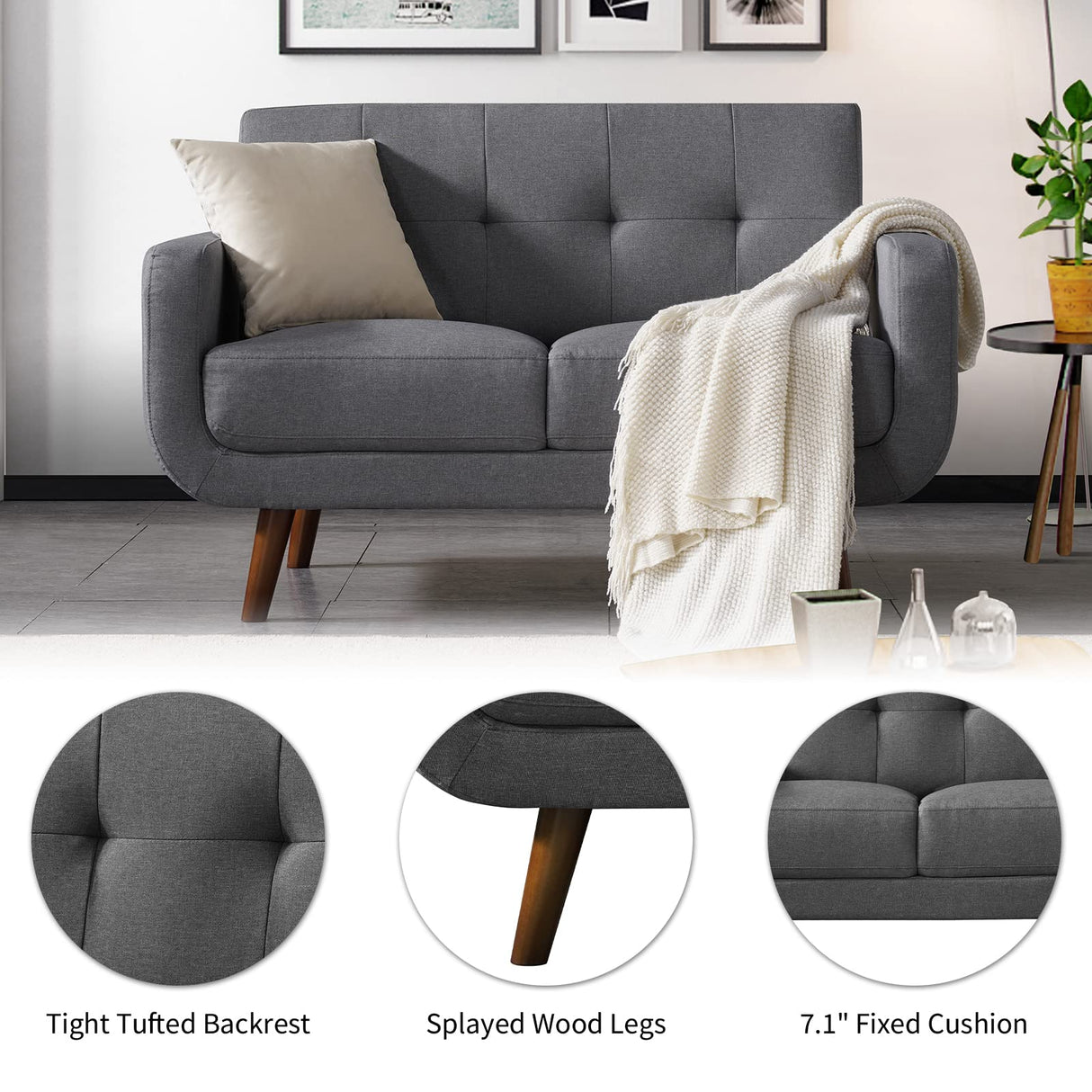 51 Inches Loveseat Sofa, Mid-Century Modern Mini Couch with Tufted Back