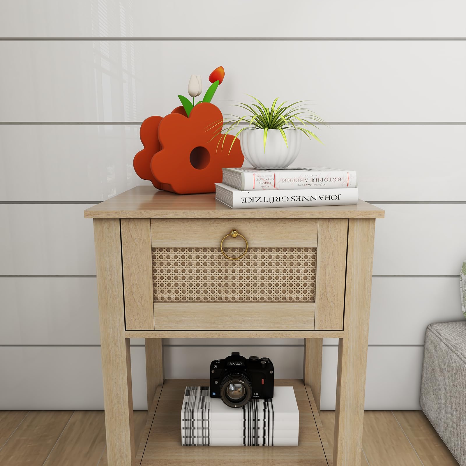 Rattan Nightstand Set of 2, Farmhouse Night Stands