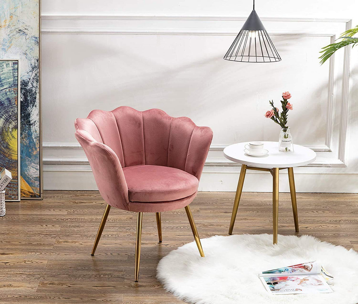 Accent Chair for Bedroom with Gold Plating Metal Legs, Leisure Armchair for Living Room/Cafe/Vanity, Dark Pink