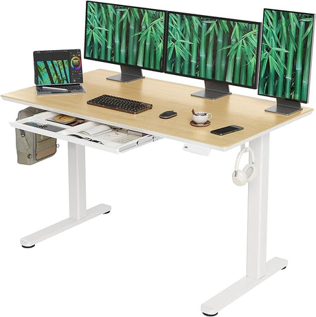 INNOVAR Bamboo Standing Desk with Drawers,48 Inch Adjustable Stand Up Desk,Quick Install Electric Home Office Stand Desk with Whole-Piece Board,Adjustable Height Computer Desk,White Frame/Bamboo Top