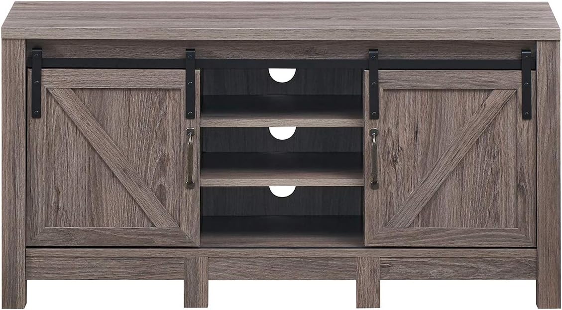 TV Stand with Sliding Barn Doors, Modern Farmhouse Wood Entertainment Center