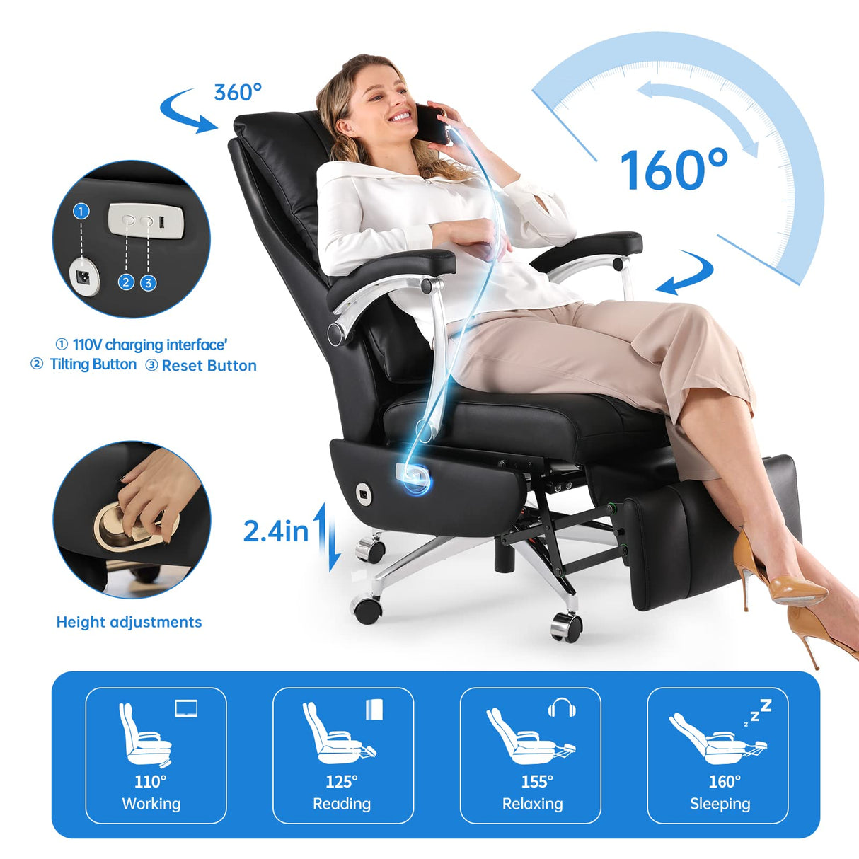 Automatic Executive Office Chair High-Back Electric Reclining Office Chair with Footrest,