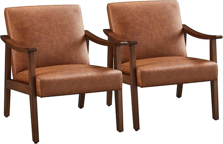 PU Leather Accent Chair, Mid-Century Modern Armchair with Solid Wood Legs