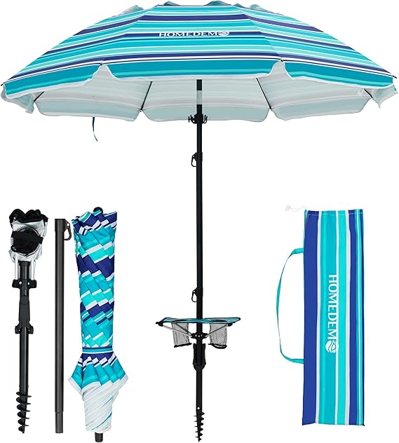 7ft Heavy Duty High Wind Beach Umbrella With Foldable Table & Hook