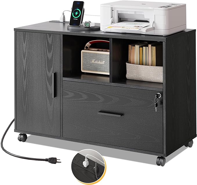 File Cabinet with Charging Station, 1 Drawer Rolling File Cabinet