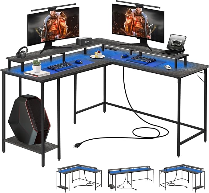 53.5" L Shaped Computer Desk Gaming Desk with LED Lights and Power Outlets