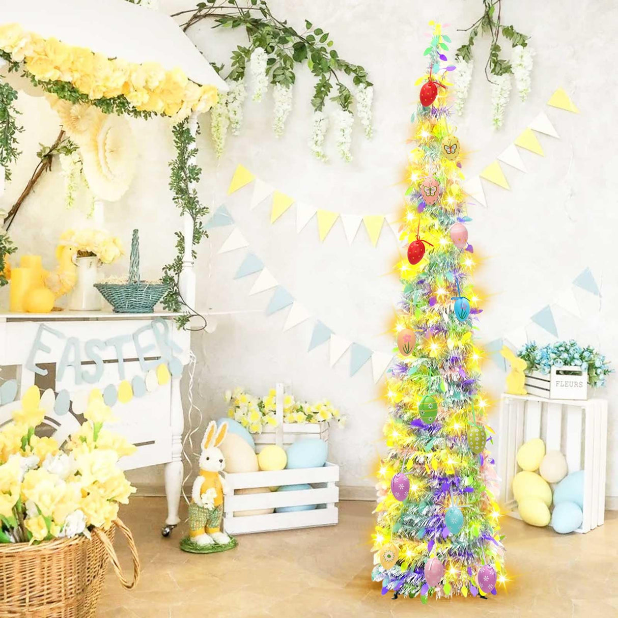 5FT Pop Up Christmas Tinsel Tree with Lights & Eggs,Artificial Easter Tree,Pop-Up Collapsible Pencil Easter Trees,Pre-lit Pencil Christmas Tree Xmas Tree for Indoor Outdoor Christmas Decorations