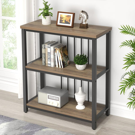 Small Bookshelf and Bookcase, 3 Tier Open Book Shelf, Modern Metal and Wood Shelving