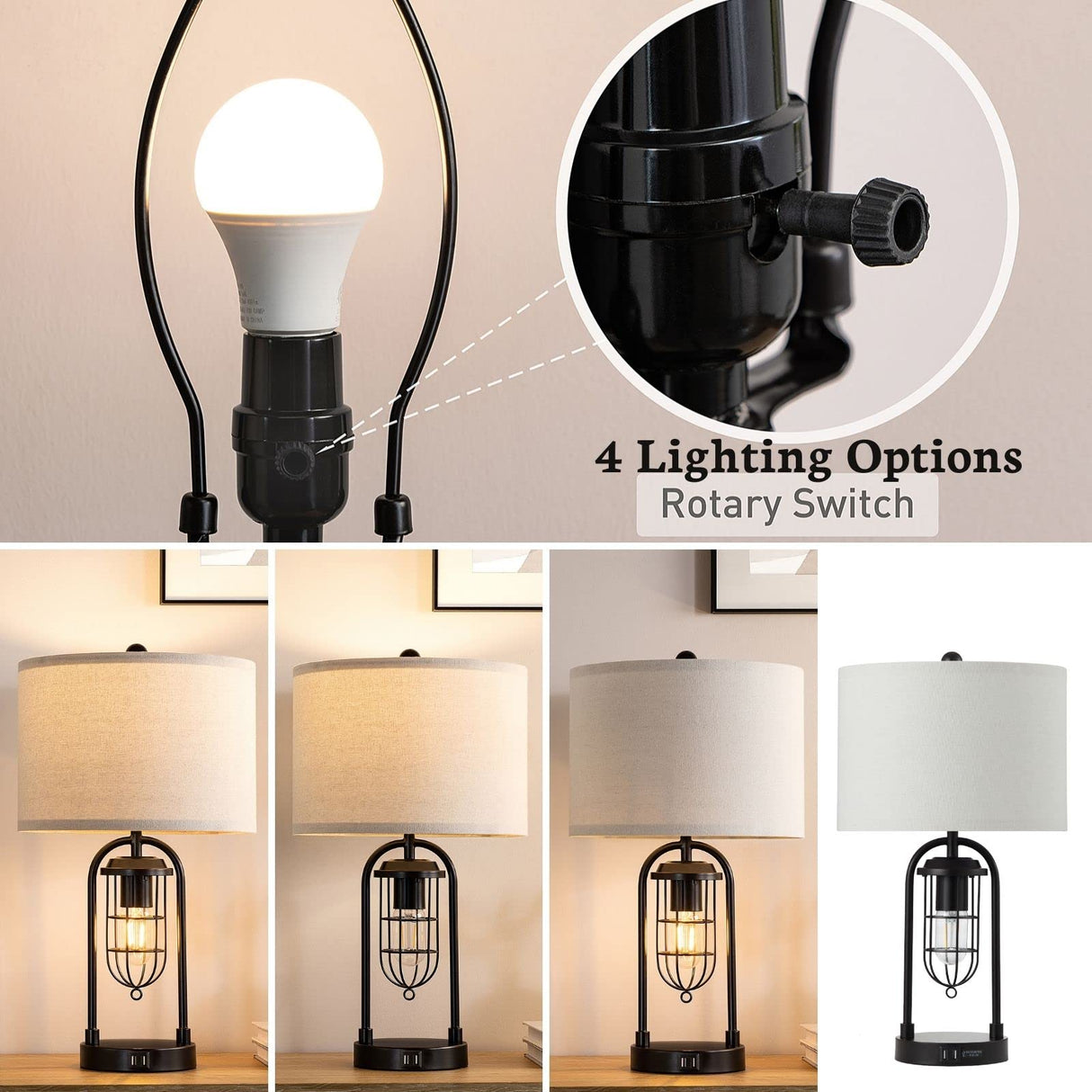 21'' Industrial Table Lamps Set of 2 with Night Light & USB Port