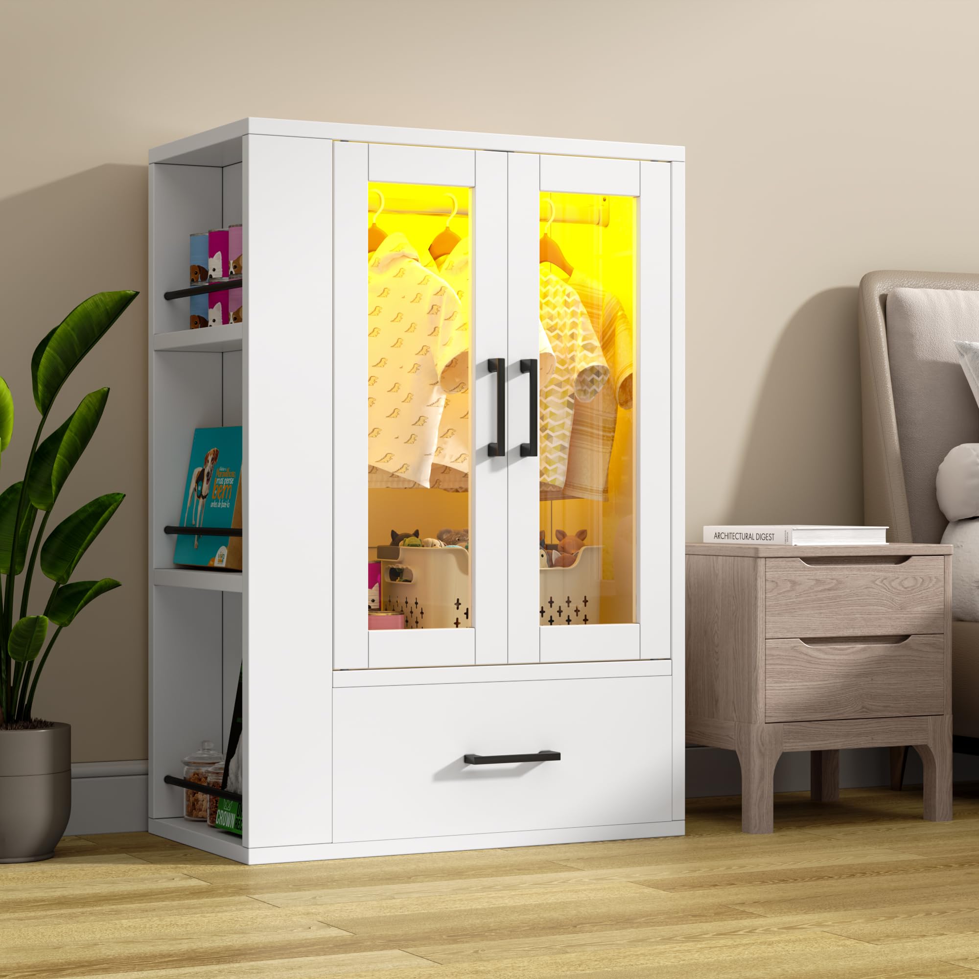 Wooden Dog Closet with LED Lights - Pet Wardrobe Storage Cabinet