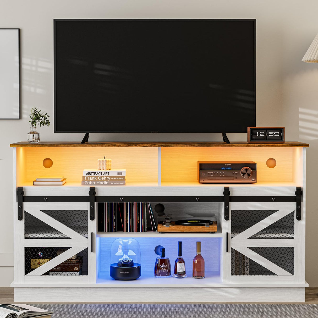 Farmhouse Barn Door TV Stand for 65+ Inch TV, Industrial Entertainment Center