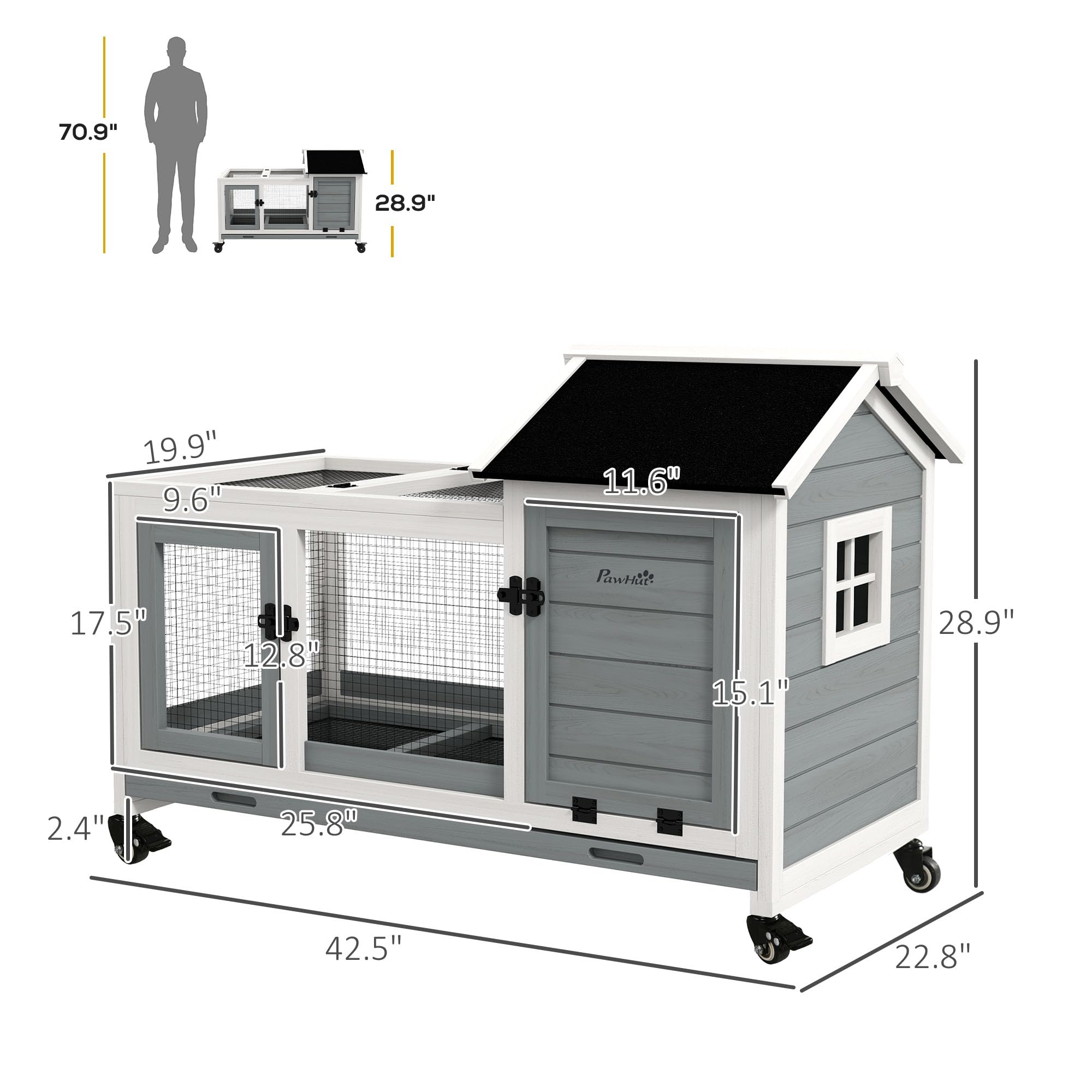 Indoor Outdoor Wooden Rabbit Hutch with Wheels, Large Bunny Hutch