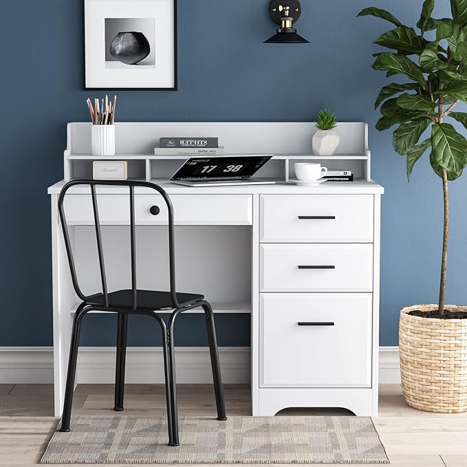 Computer Desk with Drawers and Hutch Shelf, Farmhouse Home Office Desk