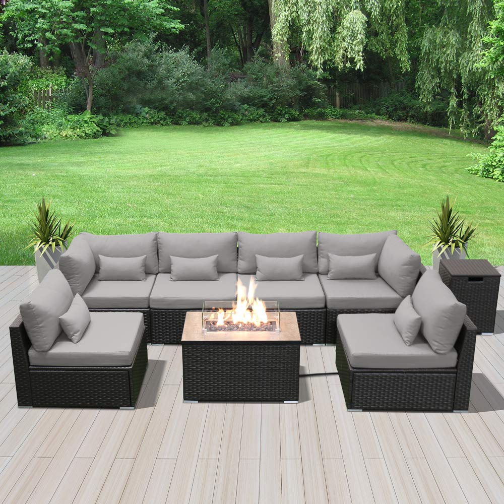 Sectional Sofa with Gas/Propane Fire Pit Table Outdoor Patio Furniture Sets