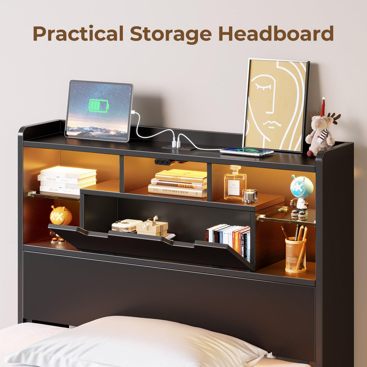 Twin Bed Frame with LED Headboard and Charging Station