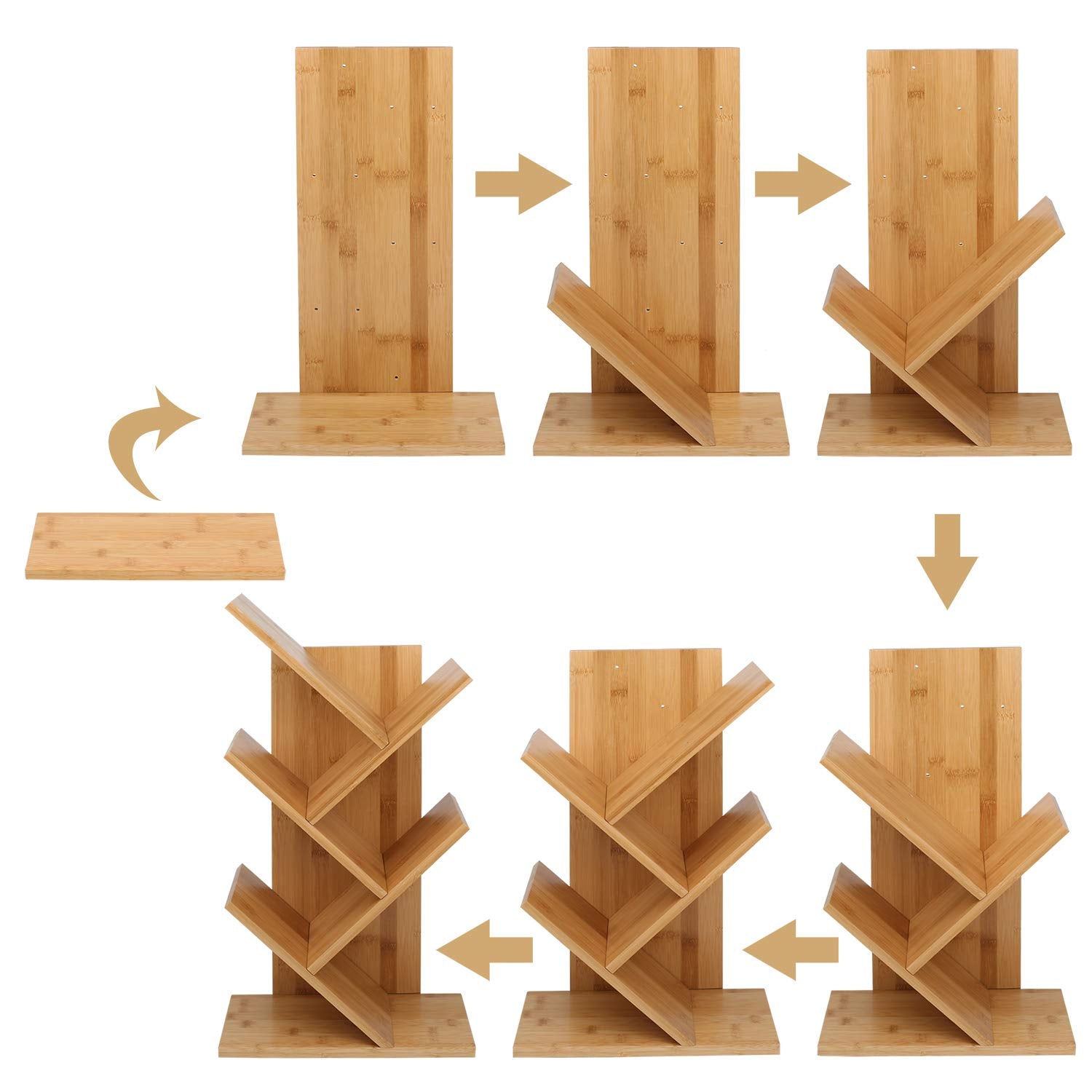 Sorfity Bamboo furniture, Bamboo Book Shelf 4-Tier, Tree Bookcase Free Standing Book Shelves, Modern Corner Bookshelf Organizer for CDs/Albums/Books/Files Holder, for Living Room, Bedroom, Home Office