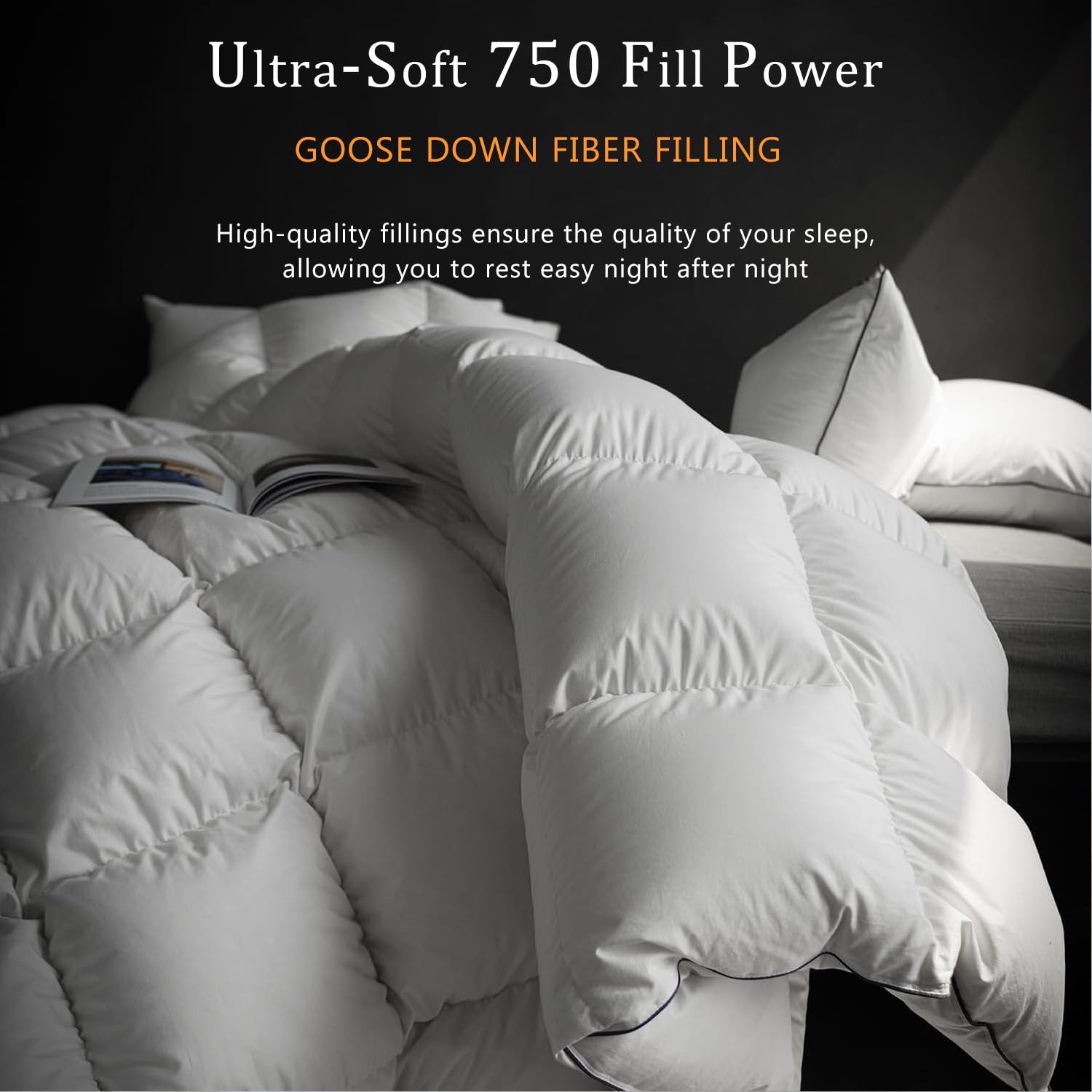 HYVIF Goose Feathers Down Comforter King Size - Luxury All Season Duvet Insert - Ultra-Soft 750 Fill-Power Medium Warmth - 59 Oz Fluffy Hotel Collection Comforter (White, 106x90)