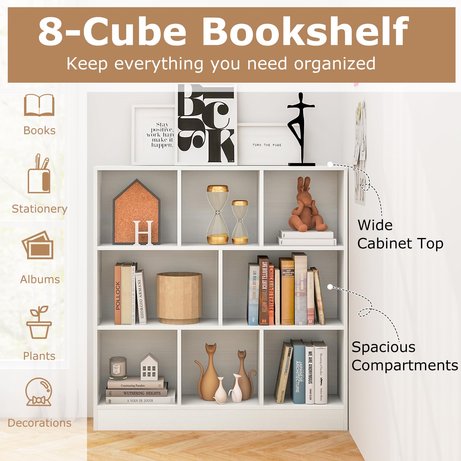8-Cube Bookshelf, 39.5”L Floor Bookcase with 2 Anti-Tipping Kits, Freestanding Storage Organizer, 4-Tier Display Shelf for Home, Office & Dorms, Natural/White (White, 8-Cube)