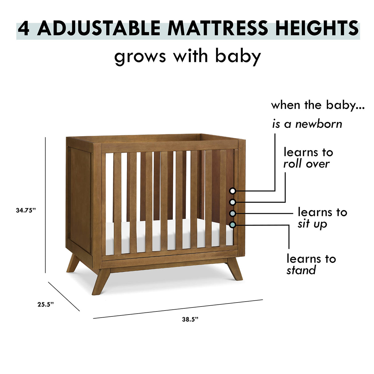 Otto 3-in-1 Convertible Mini Crib with 4" Mattress in Walnut, Greenguard Gold Certified