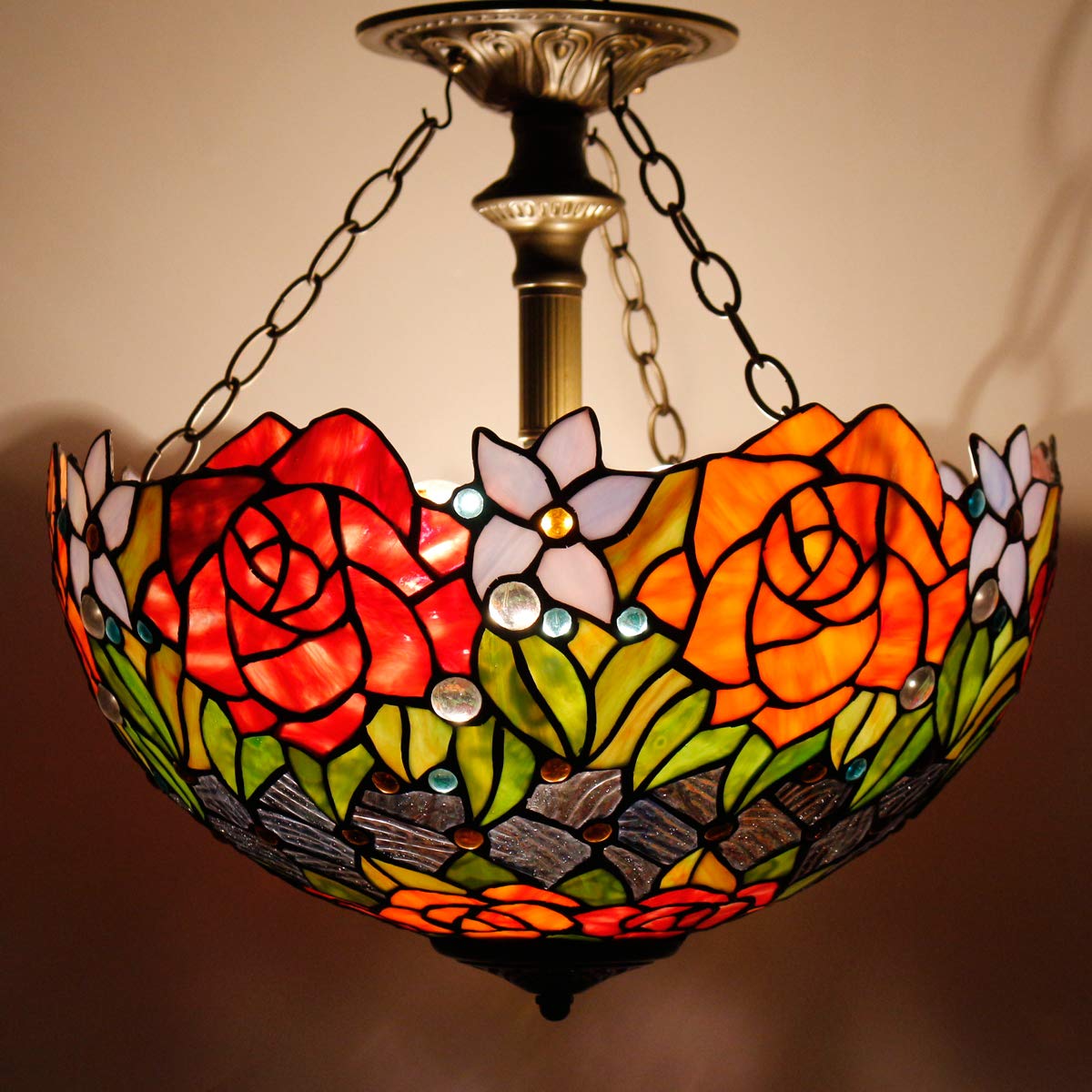 Tiffany Stained Glass Ceiling Light - Red Yellow Rose Semi Flush Mount