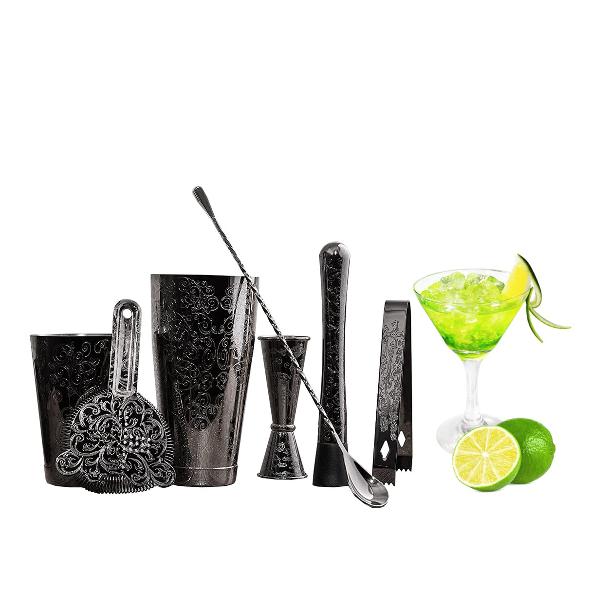 Bartender Kit Cocktail Shaker Set-7 Pieces Stainless Steel Black Plated Etching Bar Tools