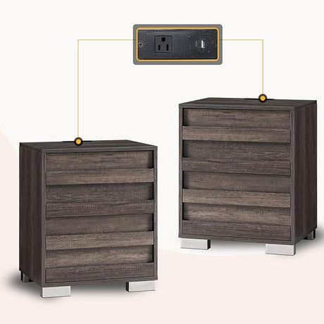 Nightstand Set of 2 with Charging Station, Wood Bedside Table with 2 Drawers