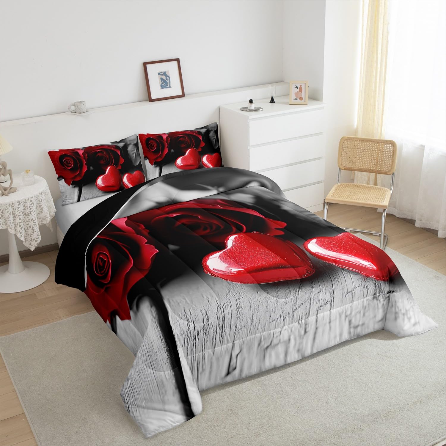 Grey Red Floral Rose King Comforter Set,Gothic Romantic Flower Rose Bedding Set