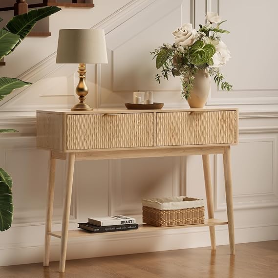 Fluted Console Table with Storage Drawers - Walnut