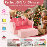 Pink Toddler Couch, Comfy Kids Chair w/Ottoman, Cute Bow, Lightweight Kids Playroom Furniture w/Velvet Cover & Wooden Frame, Princess Style Loveseat for Bedroom, Kids Sofa for Girls Boys