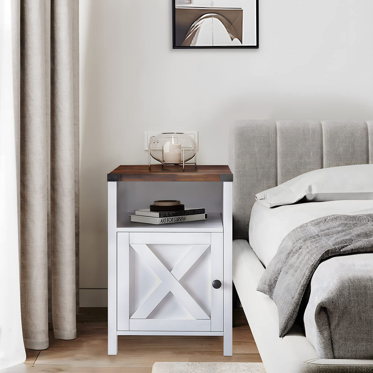 Farmhouse End Table, Rustic End Table with Barn Door and Shelf, White End Tables