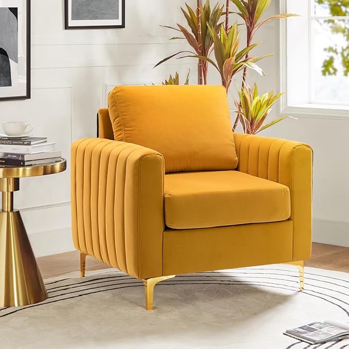 Velvet Accent Club Chair, Modern Velvet Armchair Upholstered Accent Club Chair Sofa Chair with Gold Metal Legs Mid-Century Barrel Leisure Chair Comfy Reading Chair, Fuchsia