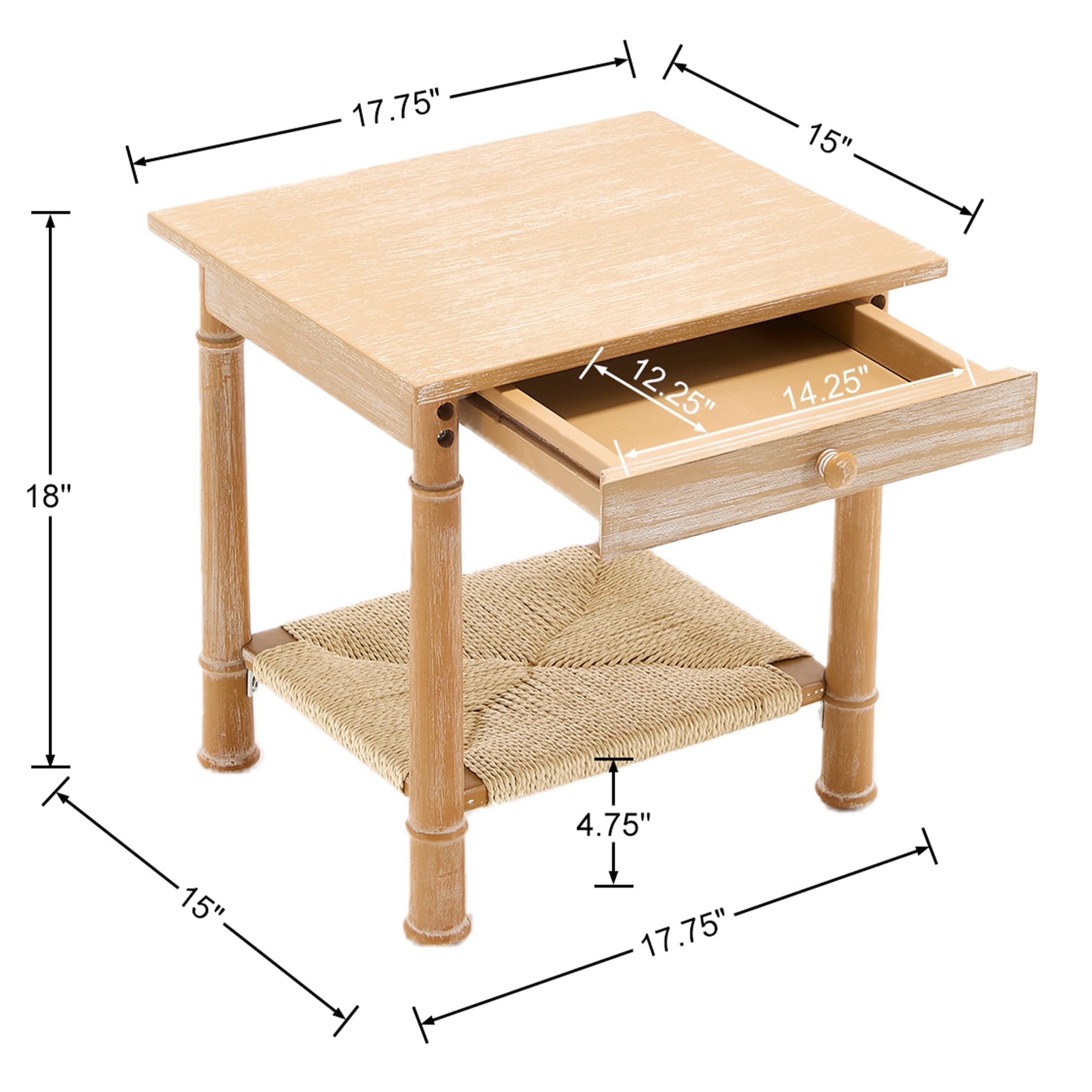 Table with Drawer for Living Room Couch Farmhouse End Table with Woven Rope Shelf